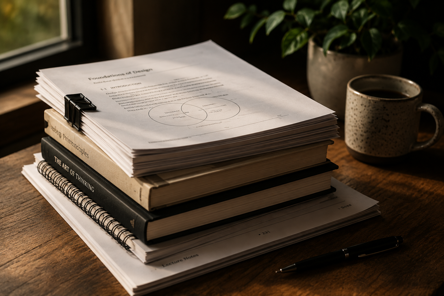 Stack of papers and books on a wooden desk