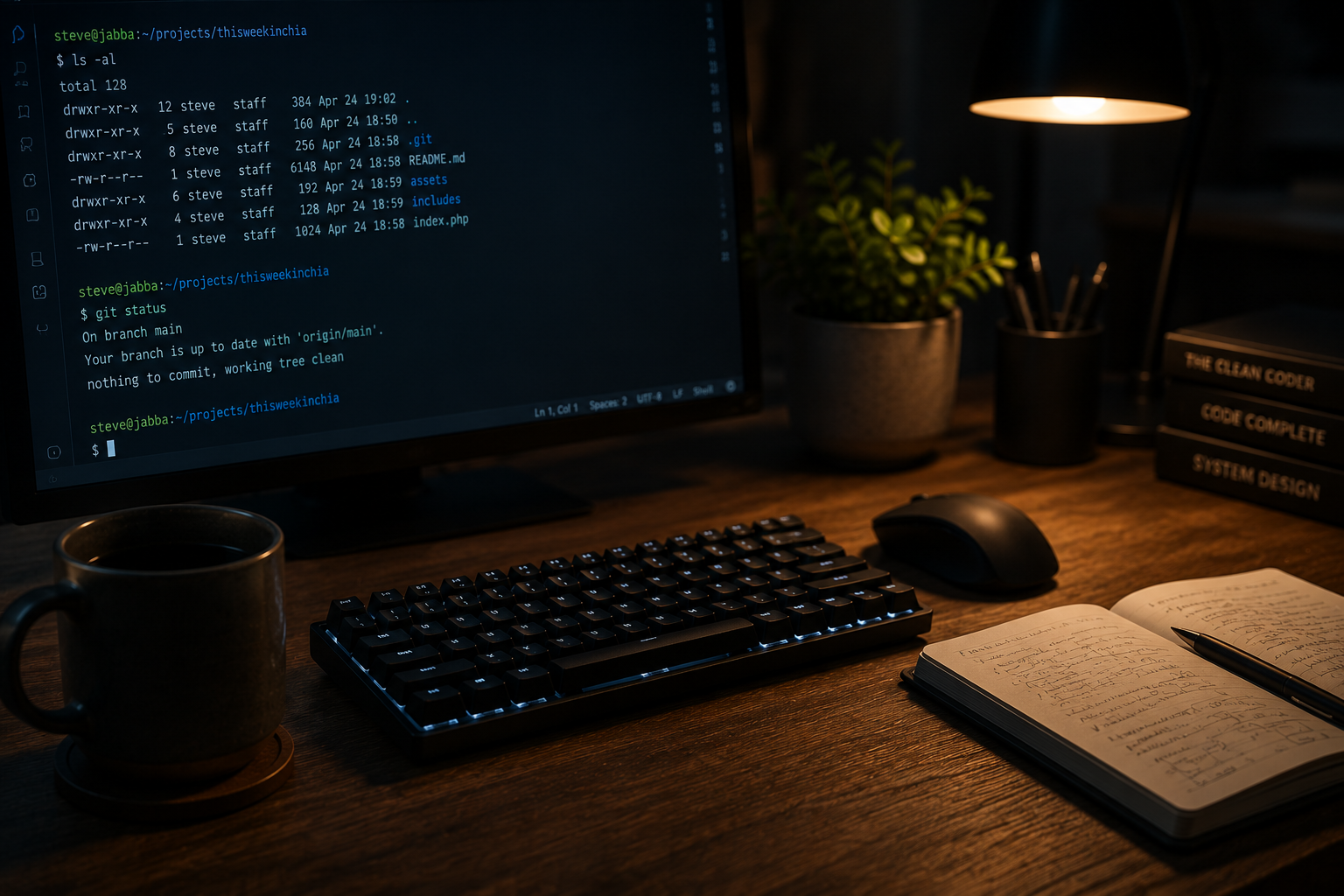 Keyboard, terminal, and notebook on a desk at night