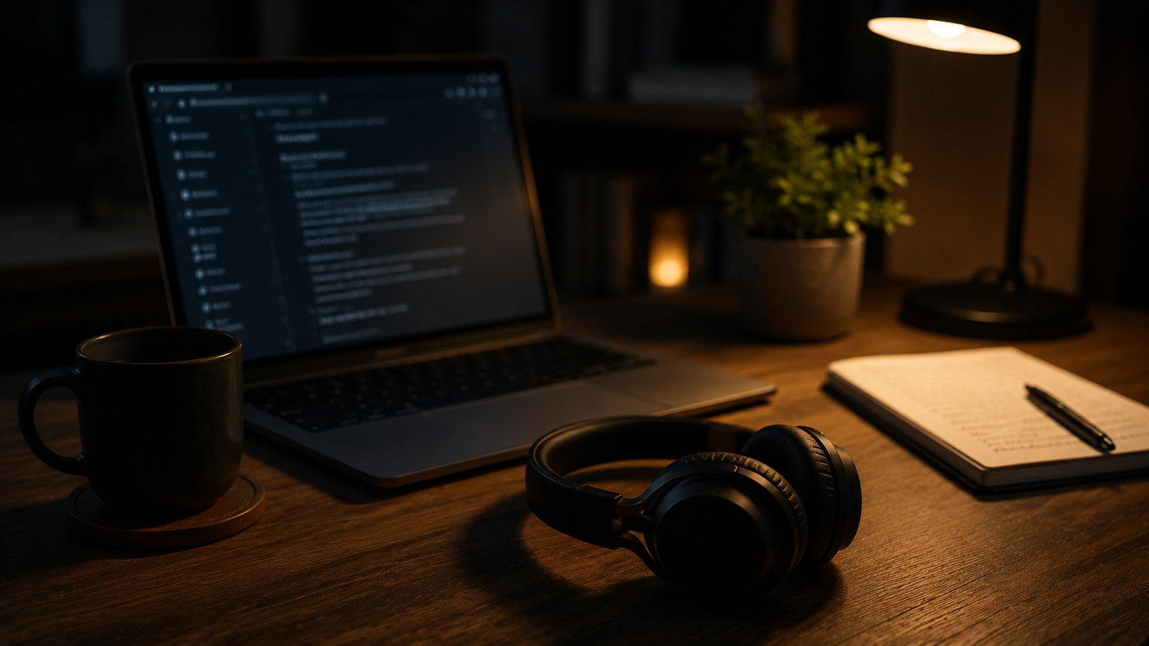 Headphones, laptop, and notebook under a desk lamp